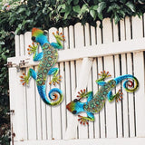 HONGLAND 2Pcs Metal Gecko Wall Decor Lizard Garden Art Color Hanging Glass Sculpture for Indoor Outdoor Patio Fence (Symphony)