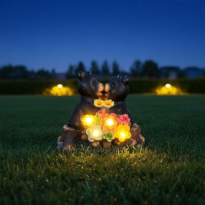 Solar Bear Garden Statues,Waterprrof Bear Outdoor Decor Resin Black Bear Figurine for Yard and Garden,Gifts for Mom, Women