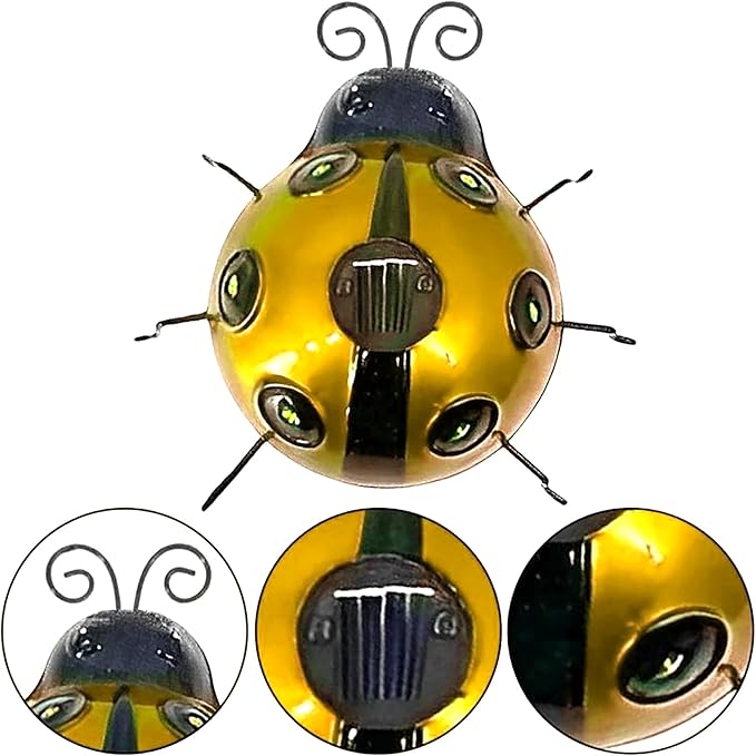 keeda Solar Ladybugs Garden Decor, Waterproof 5.5 Inch Metal Lady Bugs Cute Wall Art LED Garden Light Outside Decor for Porch Lawn Patio Balcony Pathway (Yellow)