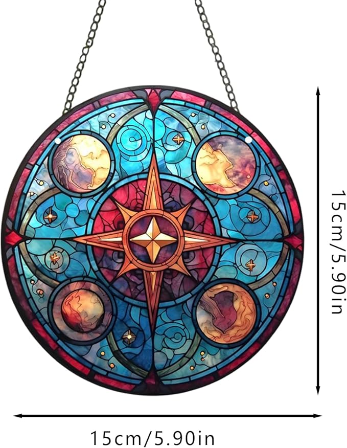 Acrylic Window Hanging,Compass Star Stained Window Hanging Decor Colorful Ornament,Stained Two-Sided Panel Hangings Decoration,Suncatcher for Garden Kitchen Living Room