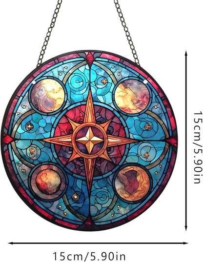 Acrylic Window Hanging,Compass Star Stained Window Hanging Decor Colorful Ornament,Stained Two-Sided Panel Hangings Decoration,Suncatcher for Garden Kitchen Living Room