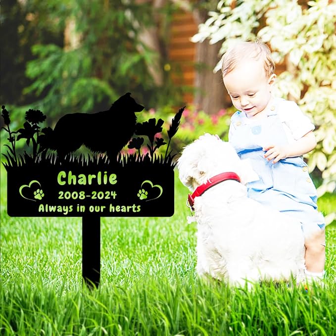 Custom Shetland Sheepdog Dog Memorial Grave Marker,Personalized Pet Dog Memorial Garden Stake,Flora Dog Memorial Plaque Burial Stake Engraved Sign,Dog Sympathy Grave Stake,Dog Statue Headstone
