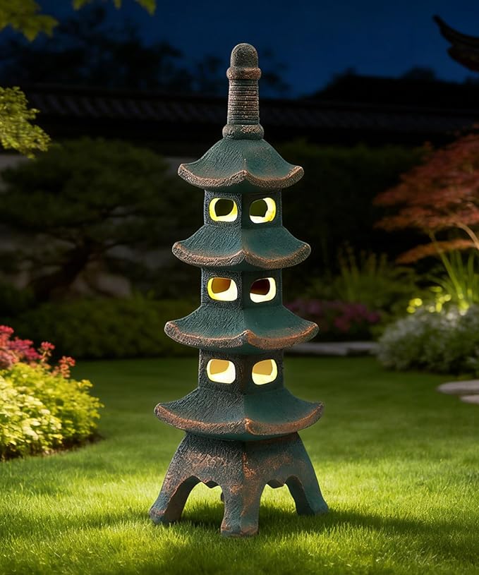 Nacome Solar Pagoda Garden Statues: 25.6 inches Multi-Layer Outdoor Waterproof Resin Zen Decor for Landscape Balcony Patio Porch Yard Ornament(Bronze)
