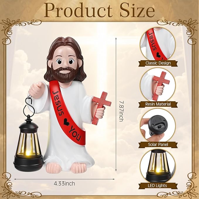Capoda Solar Jesus Figurine 8 Inch, He is Risen Easter Statue with Glowing Lantern, Jesus Loves You Christian Resin Outdoor Garden Statue Decor, Religious Easter Gifts(Cross,Red)