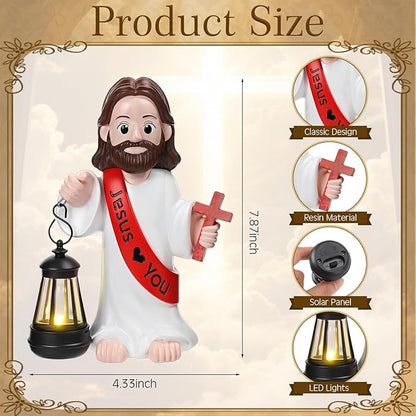 Capoda Solar Jesus Figurine 8 Inch, He is Risen Easter Statue with Glowing Lantern, Jesus Loves You Christian Resin Outdoor Garden Statue Decor, Religious Easter Gifts(Cross,Red)