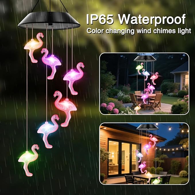 Flamingo Solar Wind Chimes Color Changing Solar Lights Outdoor Waterproof LED Wind Chimes Solar Powered Lights for Party Yard Garden Christmas Decoration Birthday Gifts for Mom Grandma