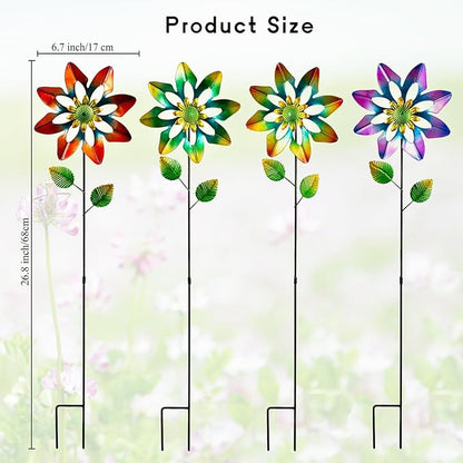 4 Pack Wind Spinners Outdoor, Colorful Small Flower Windmill, Metal Pinwheels Decorative Garden Stakes for Yard Patio Lawn Garden Decor, 27 x 7 Inches
