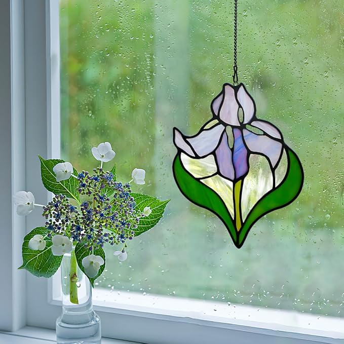 Iris Flower Stained Glass Window Hangings,Iris Flower Gifts for Women,Artificial Flowers Stained Glass Suncatcher for Window, for Mom