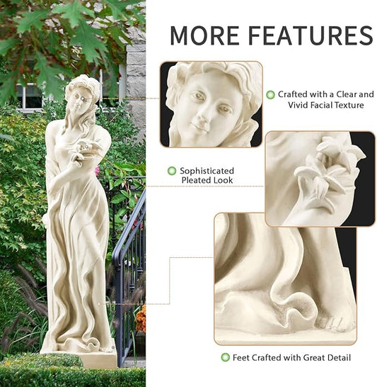 YOLENY 51'' Large Outdoor Garden Nymph Statue, Goddess of Spring Flowers, Roman Style Sculptures Decorations, Religious Garden Statue for Patio Lawns