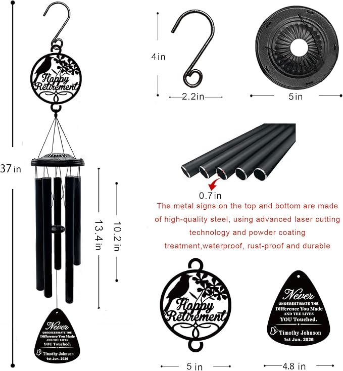 37" Personalized Retirement Wind Chimes for Women Men, Custom Retirement Gifts for Coworker Boss Teacher, Large Deep Tone Windchime Outdoor Decorations