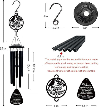 37" Personalized Retirement Wind Chimes for Women Men, Custom Retirement Gifts for Coworker Boss Teacher, Large Deep Tone Windchime Outdoor Decorations