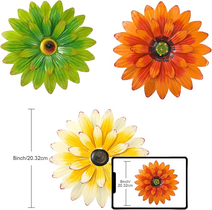Hotop 3 Pcs Metal Flower Wall Art 3D Metal Daisy Wall Decor Multiple Layer Hanging Flower Rustic Farmhouse Boho Style Decorations for Indoor Outdoor Home Living Room Office Garden, 8 Inches(Classic)