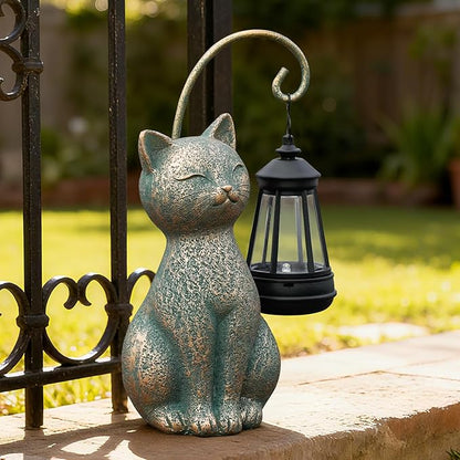 Solar Cat Garden Statue with Hanging Lantern – Waterproof Resin Outdoor Solar Cat Figurine, Decor for Yard, Patio, Balcony – Gift for Cat Lovers or Gardeners