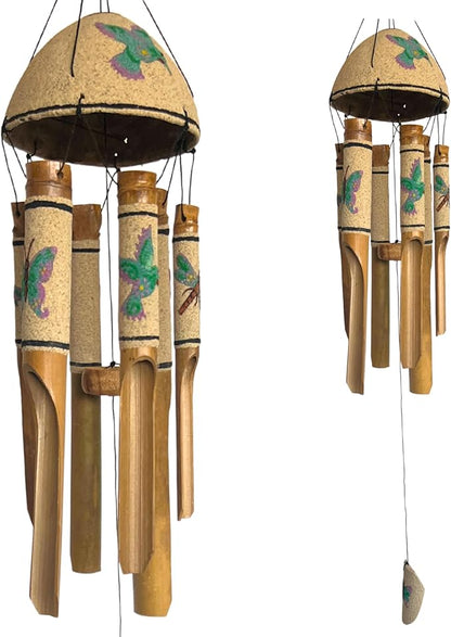 Bellaa 20346 Bamboo Wind Chimes Sea Sand Art Painting Hummingbird Butterfly Dragonfly Handmade Windchimes Outdoor Garden Patio Gifts 32 Inch (Green Sand)