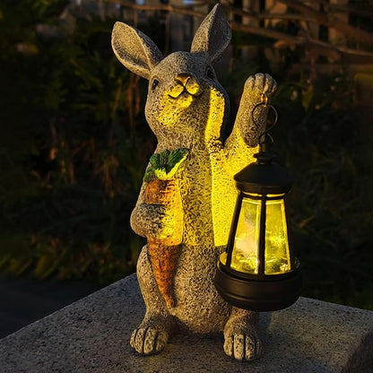 Garden Statues Rabbit Solar Lantern Outdoor Handmade Resin Statue Bunny with Cute Carrot for Patio, Yard, Mother's Day Gift Ideas