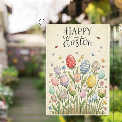 Happy Easter Flower Garden Flag Boho Easter Eggs Garden Flag Decor Spring Double Sided House Flag for Outside Yard Decorations 12×18 Inch
