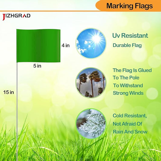 50Pack Green Marking Flags, JIZHGRAD 15x4x5 Inch Marker Flags Use for Yard & Lawn, Boundary & Dog Training, Survey & Landscape, Sprinkler & Surveyor, Garden & Construction, High Visibility, Sturdy, Versatile, UV & Weather Resistant