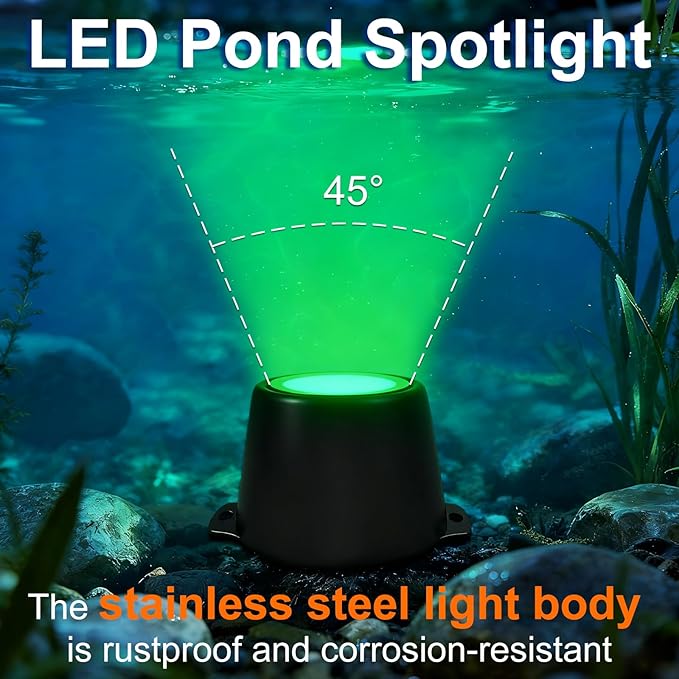 5W Submersible LED Pond Lights, Green Color 12V Wired Low Voltage Outdoor Underwater Spot Lights for Pond Fountain Waterfall, 45° Beam Angle, IP68 Waterproof Stainless Steel, Black, 6PK