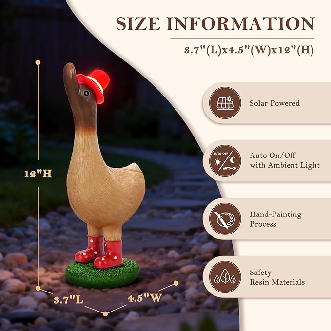 Garden Duck Statues with Solar Hat Light Outdoor Decor, Cute Runner Duck Figurines for Yard Patio Lawn, Animal Ornaments Resin Crafts, Gifts for Women Mom Housewarming