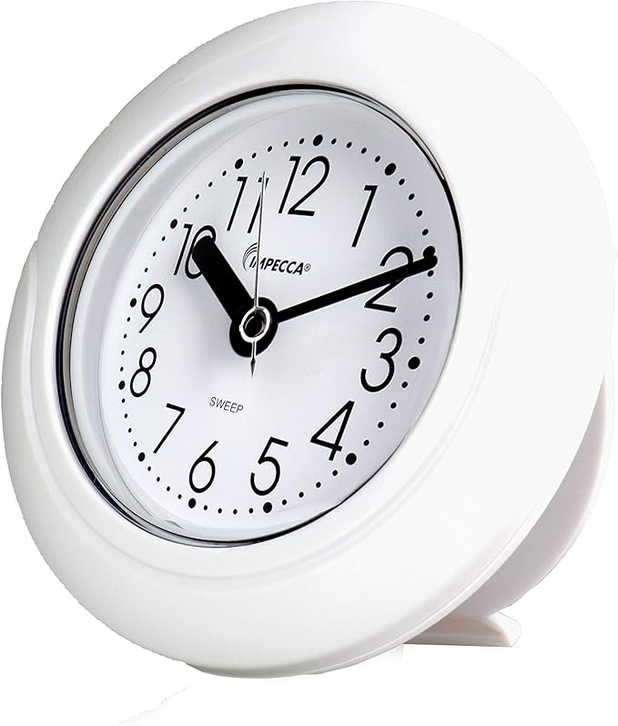 Impecca Waterproof Clock 5.5“ Non-Ticking Quartz Movement Indoor & Outdoor Clock for Shower, Wall, Desk, Pool, Patio, Kitchen, Bathroom, Washroom (Hanging Rope Included) White