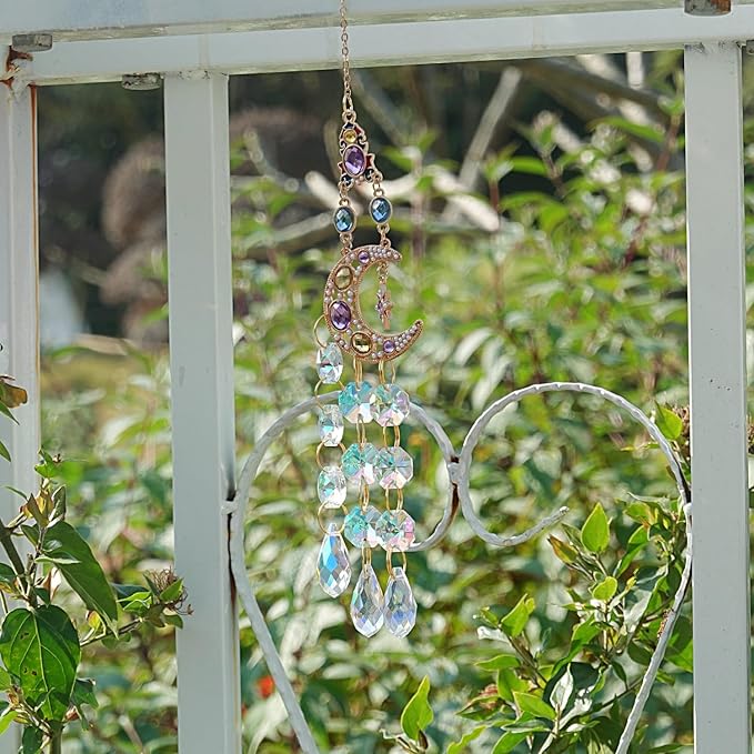 Rhinestones Sun Catchers for Window Hanging - Moon Crystal Suncatcher for Car Mirror Indoor Outdoor Garden Decor - Rainbow Maker