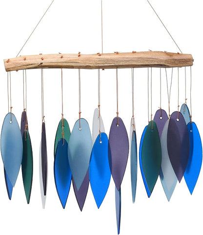 Blue Handworks Pacific Coast Glass Chime, Sandblasted Glass and Found Wood Handcrafted Wind Chime