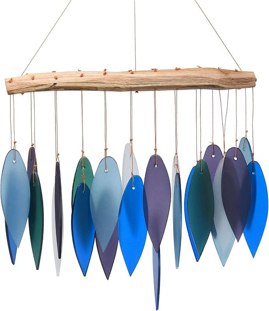 Blue Handworks Pacific Coast Glass Chime, Sandblasted Glass and Found Wood Handcrafted Wind Chime