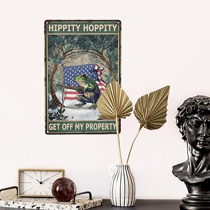 Vintage Metal Frog Door Sign - American Flag Design - Funny & Retro Room Decor - 8x12 Inch Tin Plate - for Garden, Home & Bedroom - 'Hippity Hoppity, Get Off My Property' No Trespassing Banner