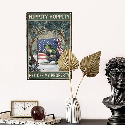 Vintage Metal Frog Door Sign - American Flag Design - Funny & Retro Room Decor - 8x12 Inch Tin Plate - for Garden, Home & Bedroom - 'Hippity Hoppity, Get Off My Property' No Trespassing Banner