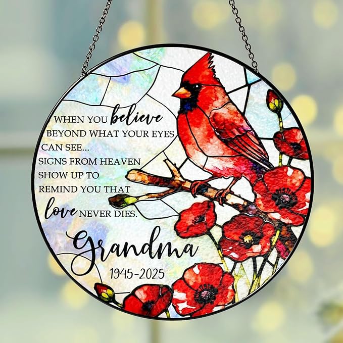 Personalized Grandma Memorial Stained Glass Suncatcher, Custom Red Cardinal Window Hanging Suncatcher for Loss of Loved One, Sympathy & Remembrance Gift, Floral Sun Catcher for Window