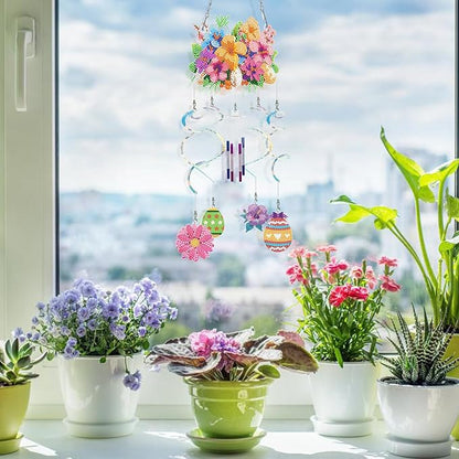 DIY Wind Chime Pendant Spring 3D Diamond Art Painting Hanging Ornament Double Sided Diamond Suncatchers for Window Home Backyard Garden Wall Door Decor-Flowers