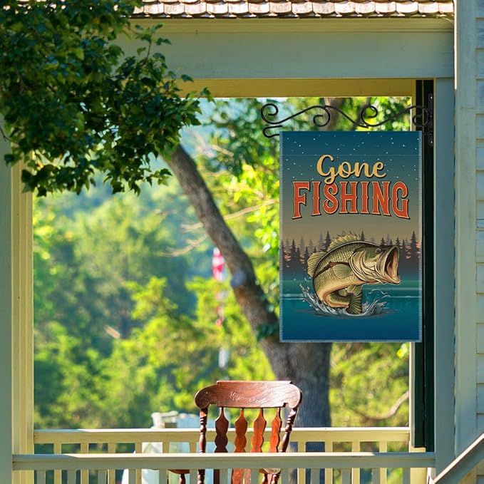 Gone Fishing Garden Flags, 12x18 in Double Sided Farmhouse Outdoor Lawn Decor Yard Flag Gifts, Lake House D閏or, Bass Fishing Banner for Fisherman, Angler Home Flag Gifts for Fisher
