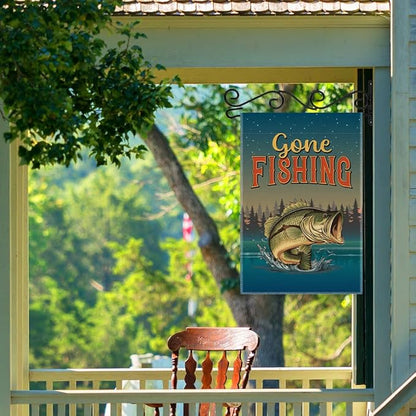 Gone Fishing Garden Flags, 12x18 in Double Sided Farmhouse Outdoor Lawn Decor Yard Flag Gifts, Lake House D閏or, Bass Fishing Banner for Fisherman, Angler Home Flag Gifts for Fisher