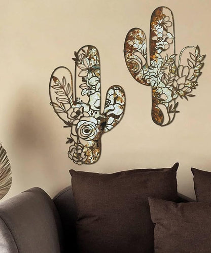 Putuo Decor Cactus Wall Art Set of 2, Rustic Flower Cactus Wall Decor, Floral Nature-Inspired Metal Wall Art for Living Room, Bedroom, Bathroom, Boho Style, 12.2 x 4.6 inches