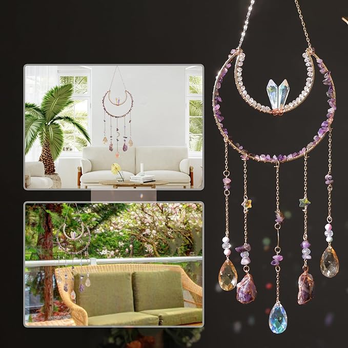 Crystal Suncatcher, Dreamsum Window Suncatchers with Crystals and Stones, Sun Catchers Indoor Window Catcher with Prism Slices, Moon Crystal Suncatchers Gift for Girls, Lover and Mom-Purple