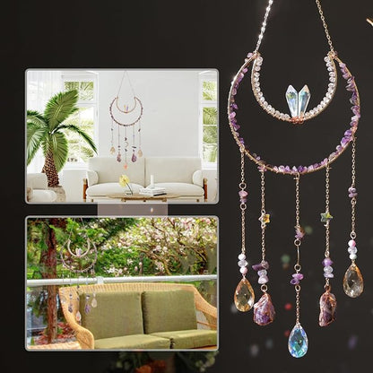 Crystal Suncatcher, Dreamsum Window Suncatchers with Crystals and Stones, Sun Catchers Indoor Window Catcher with Prism Slices, Moon Crystal Suncatchers Gift for Girls, Lover and Mom-Purple