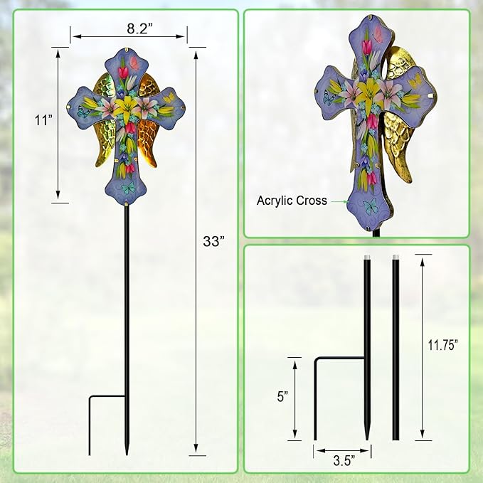 WAIU Solar Cross Garden Stake Lights,Metal Angel Wing & Acrylic Flowers Cross Solar Christmas Lights Outdoor,Waterproof Memorial Garden Decor for Remembrance Gifts & Sympathy Gifts.