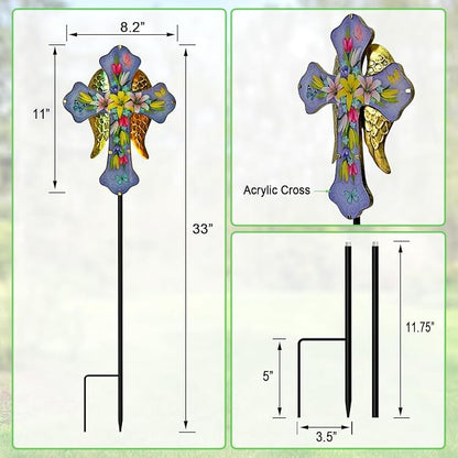 WAIU Solar Cross Garden Stake Lights,Metal Angel Wing & Acrylic Flowers Cross Solar Christmas Lights Outdoor,Waterproof Memorial Garden Decor for Remembrance Gifts & Sympathy Gifts.
