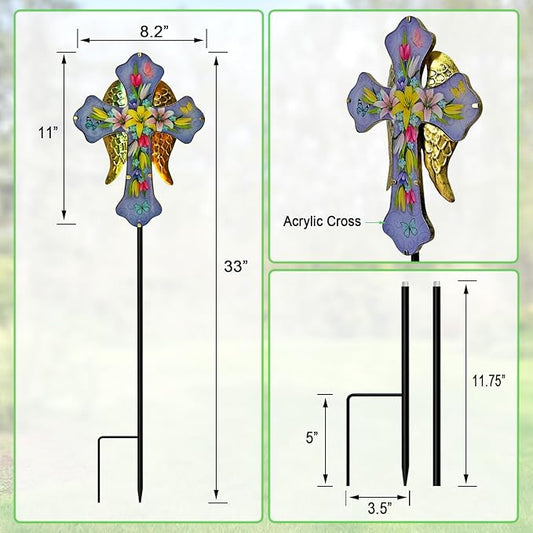 WAIU Solar Cross Garden Stake Lights,Metal Angel Wing & Acrylic Flowers Cross Solar Christmas Lights Outdoor,Waterproof Memorial Garden Decor for Remembrance Gifts & Sympathy Gifts.