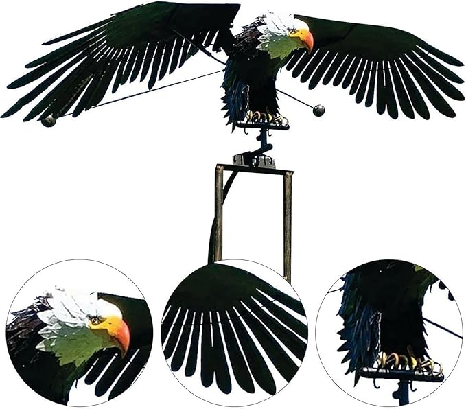 Garden Eagles Stake Ornament Art Bird Flapping Windmill Outdoor Metal Stake Rocking Balancing Flying Wind Spinner Yard Vintage Sculptures,Black,116 * 41cm
