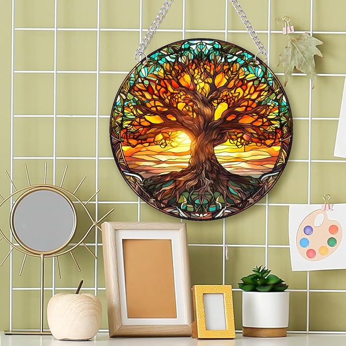 Tree of Life Stained Glass Suncatcher Nature Round Big Trees and Sunset Suncatcher Hanging Decoration with Metal Chain-SunCatchers for Window Decor Outdoor Garden Decor Gift,1PC