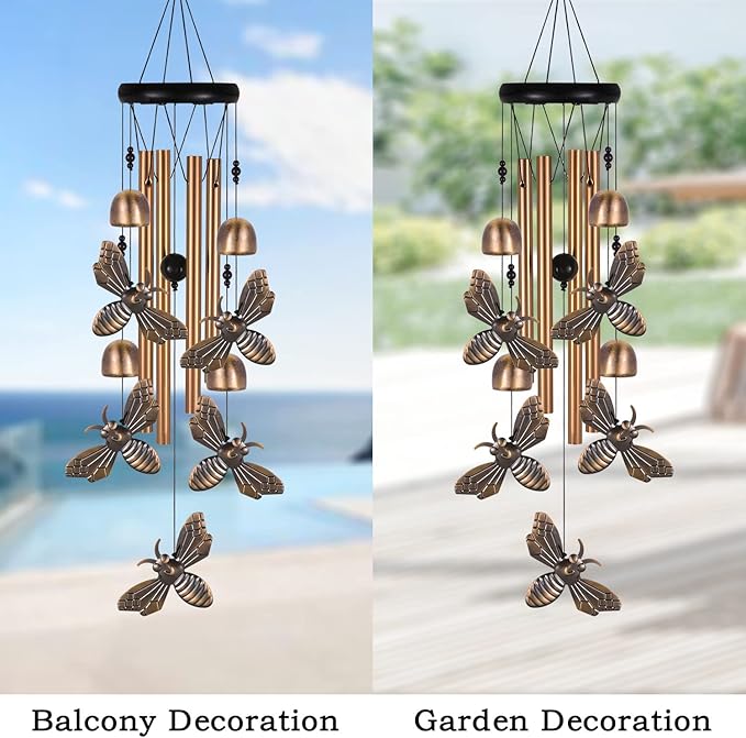 Bronze Bee Wind Chime, Gifts for Mom, Home, Garden, Balconies, Room, Patio, Indoor, Outdoor Bee Decoration, Bee Chimes, with 4 Aluminum Tubes 5 Bees Wind Chimes, Bee Wind Catcher, Bee Wind Bells Decor