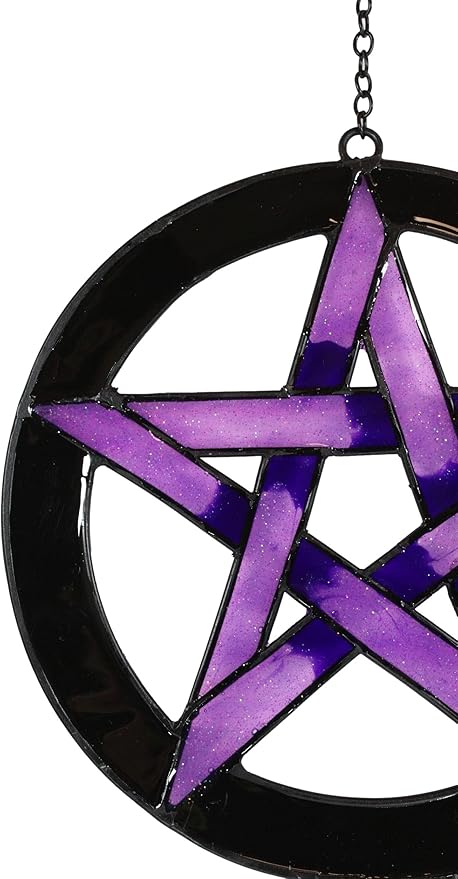 Ebros Gift Purple Stained Glass Pentacle Pentagram Circle Resonant Relaxing Metal Wind Chime Suncatcher Garden Patio Accent with Gemstones and Beads