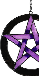 Ebros Gift Purple Stained Glass Pentacle Pentagram Circle Resonant Relaxing Metal Wind Chime Suncatcher Garden Patio Accent with Gemstones and Beads