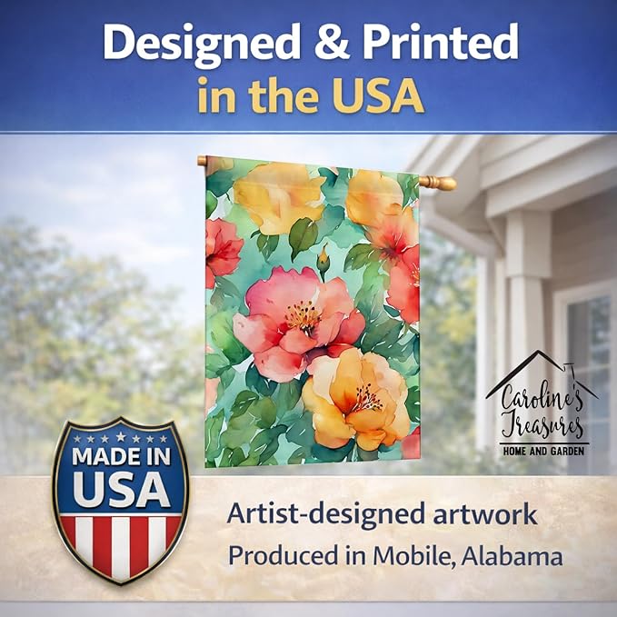 Caroline's Treasures Georgia Cherokee Rose in Watercolor House Flag Large Porch Sleeve Pole Decorative Outside Yard Banner Artwork Wall Hanging, Polyester, House Size, Multicolor