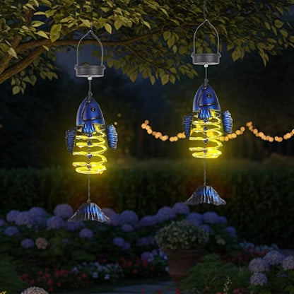 2 Pack Fish Solar Lights Outdoor Hanging Lantern with Handle, Solar Powered Fish Garden Decor for Outside Patio Yard Porch Pathway Fish Gifts for Women (Warm White LED Lights)