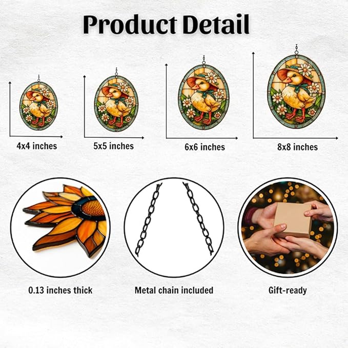 Warm Easter Duck Floral Mosaic Art Acrylic Suncatcher Stained Glass Effect Window Car Hanging Christmas Ornament Indoor Outdoor Decor Garden Sun Catcher Panel for Easter Lover for Women Mom Grandma