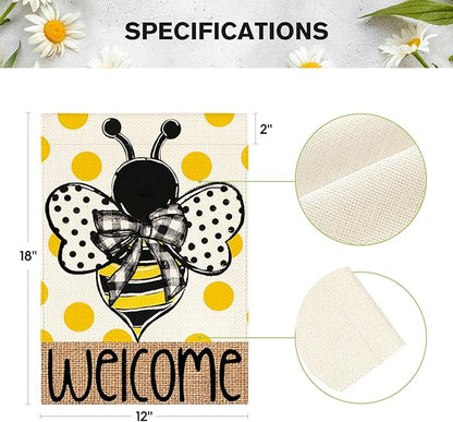 AVOIN colorlife Summer Polka Dot Bee Welcome Garden Flag 12x18 Inch Double Sided Outside, Seasonal Holiday Burlap Yard Outdoor Decoration
