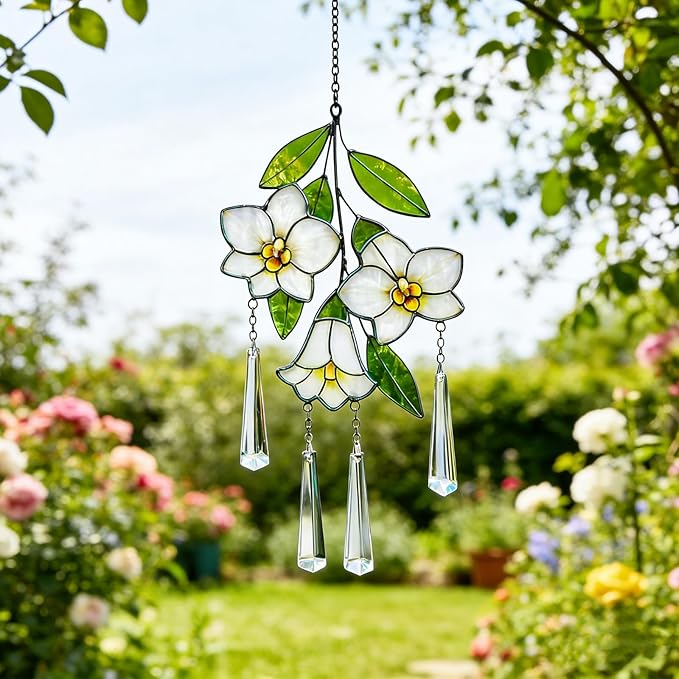 Stained Glass Flower Suncatcher for Window, Handmade Tropical Plumeria Hanging with Crystal Prisms, White Floral Window Decor, Sun Catcher Gift for Women & Plant Lovers
