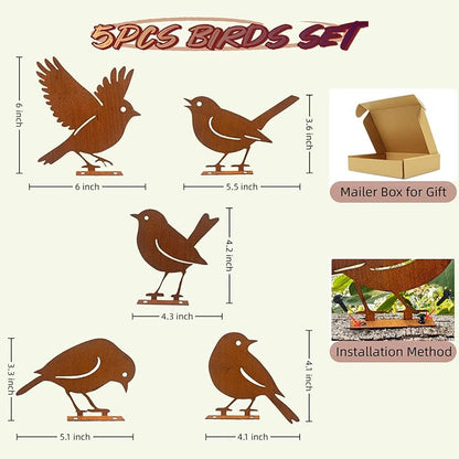 5PCS Rusty Metal Birds Decoration, Metal Birds Fence Decor, Outdoor Bird Wall Decor, Bird Silhouette Yard Art, Garden Sculptures & Statue Ornaments, Fence Decorations Outdoor, Rustic Garden Decor
